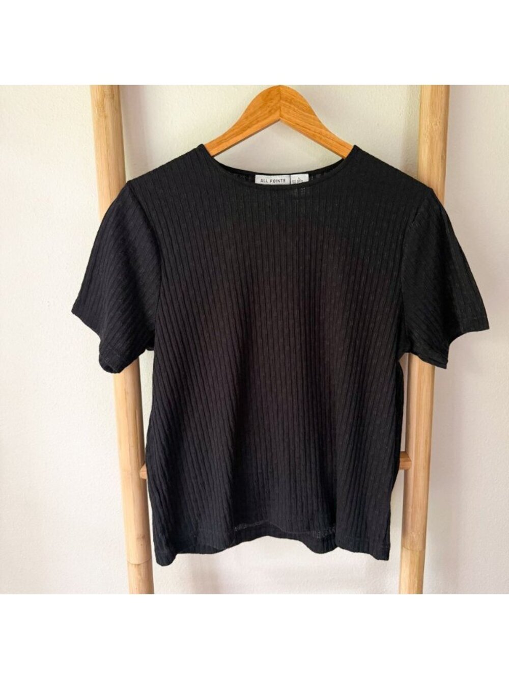 All Points Black Ribbed Sheer Short Sleeve Top Women’s Size Large